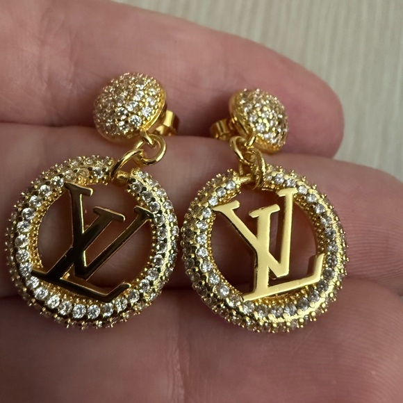 New upcycled Louis Vuitton Gold with rhinestone Designer Earrings - Picture 2 of 5